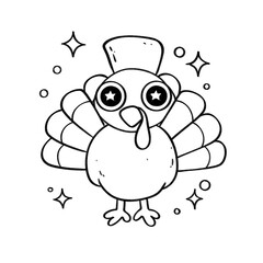 Cute cartoon turkey with star eyes in black line art and sparkling festive decorations