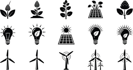 Sustainability icons, renewable energy symbols, eco-friendly plants, green technology, wind turbines, solar power, environmental conservation, clean energy, nature growth, ecology