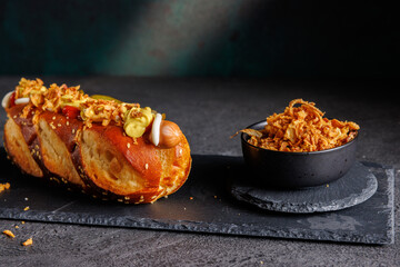 Street Food Delight Hotdog with Mustard, Mayo, and Ketchupon on Dark Background