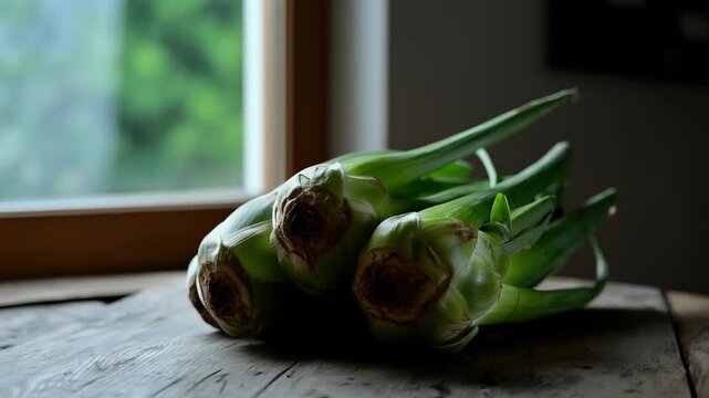 Fresh alcachofa stems on windowsill with natural morning light