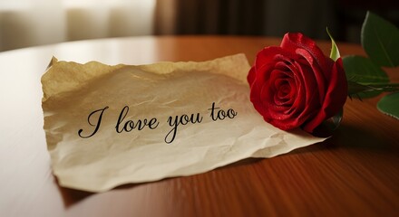 A heartfelt romantic gesture a single vibrant red rose rests beside a personalized 'I love you too' note, symbolizing enduring affection and deep connection on a wooden table
