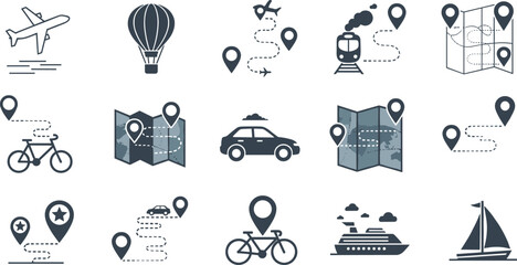 Travel icons, transportation symbols, airplane, hot air balloon, cruise ship, bicycle, car, train, sailboat, map, location pin, journey, navigation, tourism, vacation, adventure, route, destination