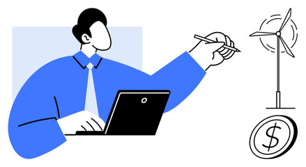 Person working on laptop pointing to wind turbine and coin, representing sustainable energy, financial investment, innovation. Ideal for technology, efficiency, business, sustainability, environment