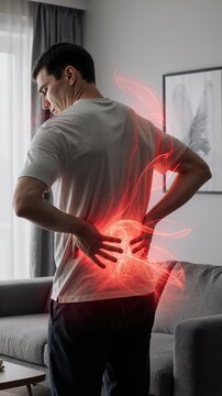 Lumbar intervertebral spine hernia, back pain, kidney inflammation, man suffering from backache at home