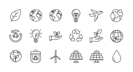 Eco-friendly line icons bundle featuring global themes, leaves, a plane, and recycling symbols, perfect for graphic and web design, apps, adverts, and various cards. This vector cartoon illustration