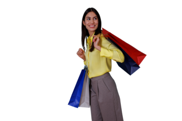 Happy woman holding colorful shopping bags, enjoying consumerism and retail therapy, walking with a smile, transparent background