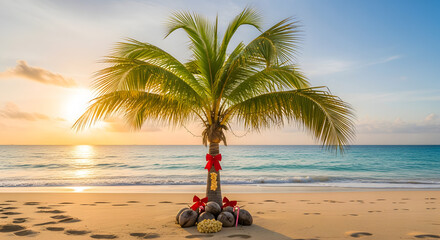 Golden hour sunset over a serene tropical beach, showcasing a festive palm tree adorned with vibrant red bows and coconuts, evoking a joyful holiday vacation atmosphere