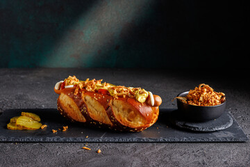 Street Food Delight Hotdog with Mustard, Mayo, and Ketchupon on Dark Background