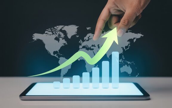 Global business growth and financial success represented by a rising stock graph on a tablet device