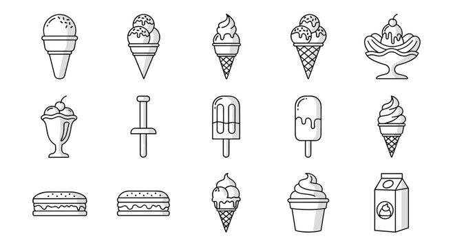 Collection of simple, isolated line icons representing various ice cream treats and related items, including cones, sundaes, popsicles, and milk cartons, all with editable strokes and suitable for