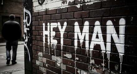 Hey man graffiti text art on old brick wall in alley