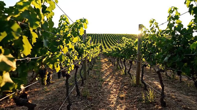 Vineyard trellis secured by wire and cord, neat rows marching into distance.