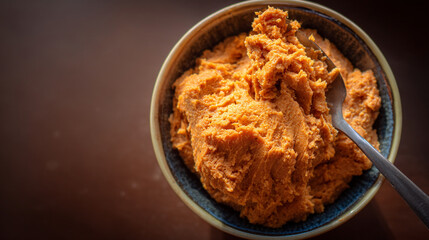 Overhead shot of mashed sweet potatoes in a blue bowl with a spoon on a brown surface