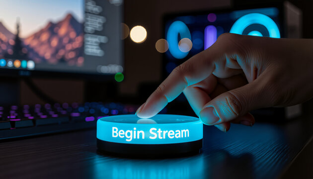 Hand pressing begin stream button on desktop computer in dim light  