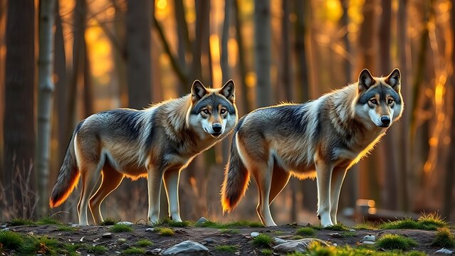 disequilibrium. Wolf pack hierarchy in forest with golden hour lighting. wildlife magazines, conservation campaigns, designed for eco-tourism storytelling, used by researchers, supports conservation.