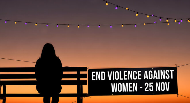 Woman sitting on bench at sunset with message about violence awareness  
