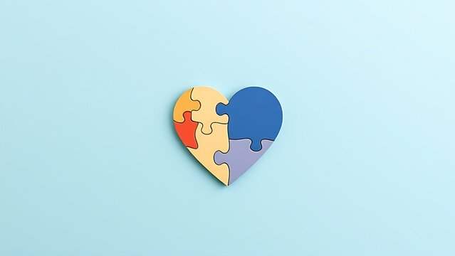 autism. A heart-shaped puzzle on a light blue background, symbolizing autism awareness with a clean and simple design. public awareness campaigns.