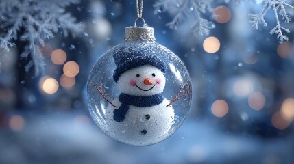 A whimsical snowman nestled inside a clear ornament, hanging among frosty branches and soft bokeh lights, evokes the magic of winter's enchantment and holiday cheer.