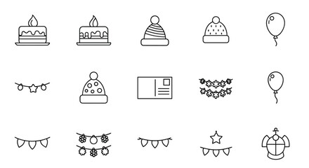 Collection of thin line icons for celebrations and holidays, including cakes with candles, festive hats, postcards, garlands, and balloons, suitable for web, books, cards, and apps, featuring