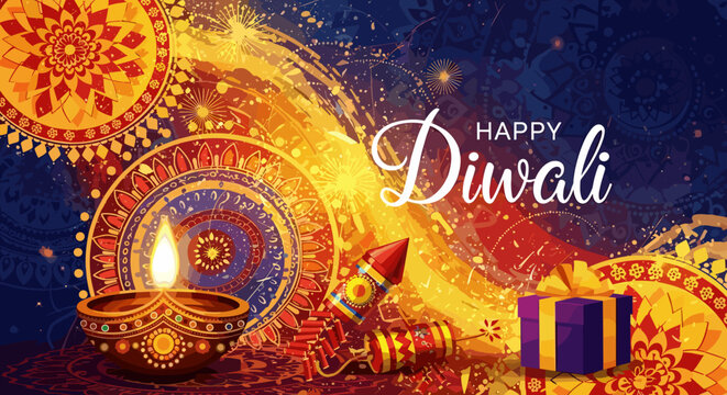 Vibrant Indian Festival of Lights, Happy Diwali Holiday Background, Diwali Celebration Greeting Card, Abstract Vector Illustration Design with Diyas, Fireworks, Gifts, and Rangoli Patterns, Festive