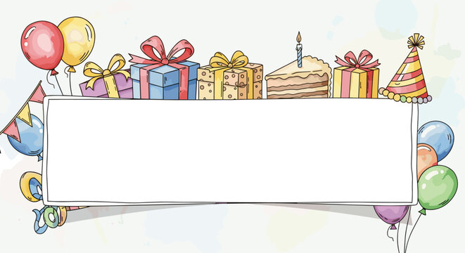 Hand-drawn cartoon watercolor birthday banner with a blank space for text, adorned with colorful balloons, gift boxes, a slice of cake with a candle, and festive party hat, perfect for holiday