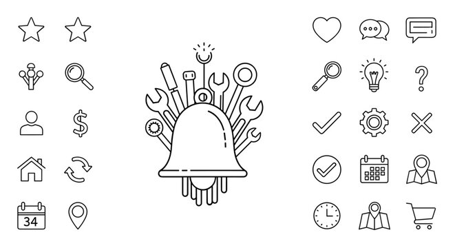 A collection of thin, editable stroke icons suitable for web, books, cards, and apps, featuring a central bell surrounded by tools, alongside other common symbols like stars, hearts, chat bubbles