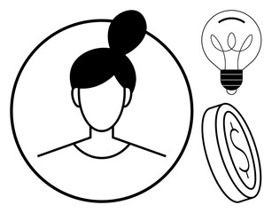 Female avatar with a bun hairstyle inside a circle, alongside a lightbulb and a coin. Ideal for innovation, financial success, entrepreneurship, creativity, problem-solving, personal branding