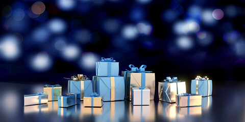 暖かいボケ背景に並ぶゴールドとブルーの華やかなギフトボックス
