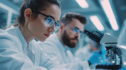 Female Scientist Wearing Glasses Using Microscope in Laboratory Modern Scientific Research Environment