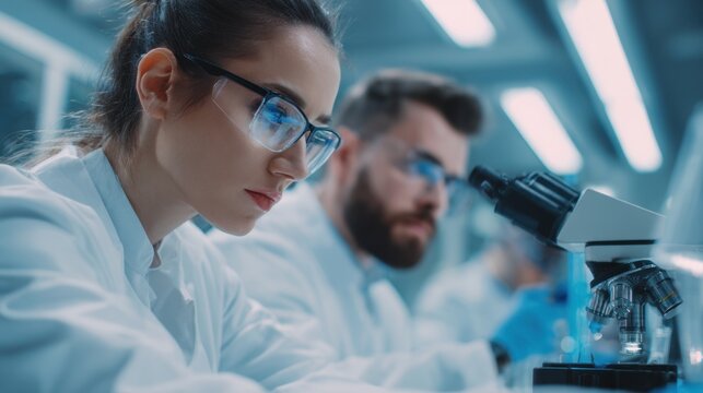 Female Scientist Wearing Glasses Using Microscope in Laboratory Modern Scientific Research Environment - Powered by Adobe