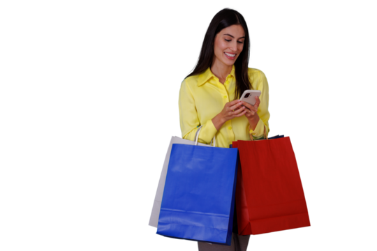 Woman smiling, shopping and using mobile phone for online purchase, payment or browsing, transparent background - Powered by Adobe