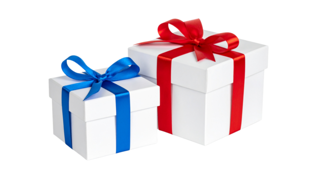 Two gift towels rolled and tied with red ribbon variations, isolated on transparent background