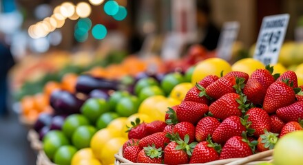 Fresh Strawberries and Various Fruits on Display at Farmers Market