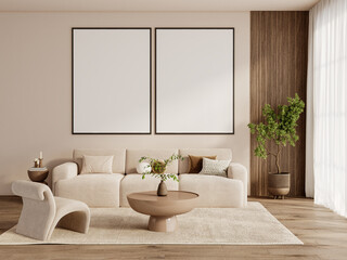 Scandinavian Living Room Wall Frame Mockup – Beige Armchair, Wooden Wall Panel, and Indoor Plant in Natural Light