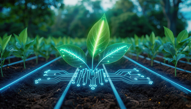 Futuristic agriculture technology with glowing circuits and growing plants, symbolizing smart farming and innovation