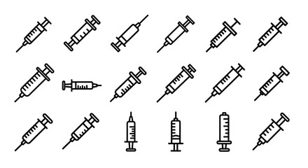 A collection of outline syringe icons in various orientations and styles, presented on a clean white background, perfect for graphic design, web development, app interfaces, and advertising