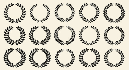 Retro laurel wreaths set, circle winner trophy decor elements for award banner, emblem, label, badge. Black round branches with leaves collection. Vintage victory symbols for design.