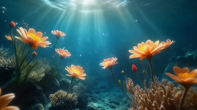 Underwater floral fantasy with sunlight rays filtering through turquoise waters onto orange blossoms and coral reefs