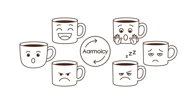 Expressive coffee mugs showcasing a range of emotions from joyful to sleepy to angry mood swings