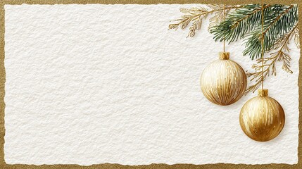Festive background with golden ornaments hanging from a pine branch on textured paper, evoking holiday warmth and classic elegance with copy space.
