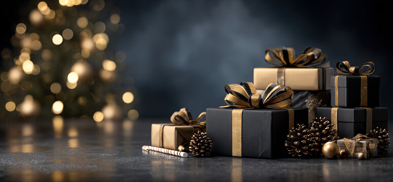 Elegant black and gold gift boxes stacked with pinecones beside a festive blurred Christmas tree, perfect for holiday promotions - Powered by Adobe