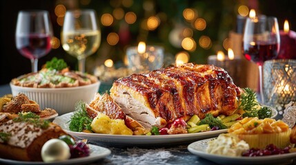 A festive spread of holiday foods is beautifully arranged on a table, illuminated by the soft glow of candles and twinkle lights in the background. Ideal for seasonal celebrations.