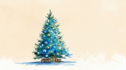 Elegant holiday magic: an artist's touch brings festive cheer with a blue christmas tree adorned with sparkling ornaments, and a collection of wrapped gifts beneath.