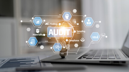 Visual representation of the auditing process featuring a light bulb, graphs, and digital icons emphasizing key concepts like compliance and findings in a modern office setting. Tessel