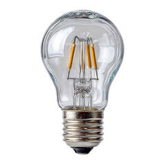 Clear glass LED filament light bulb with a metal base on a white background, representing innovation and energy efficiency.