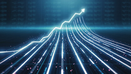 Futuristic digital graph visualizing exponential business growth and technological advancement with luminous data flow pathways and a dynamic upward trend