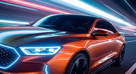 Modern Orange Electric Car Speeding Through Tunnel with Light Trails