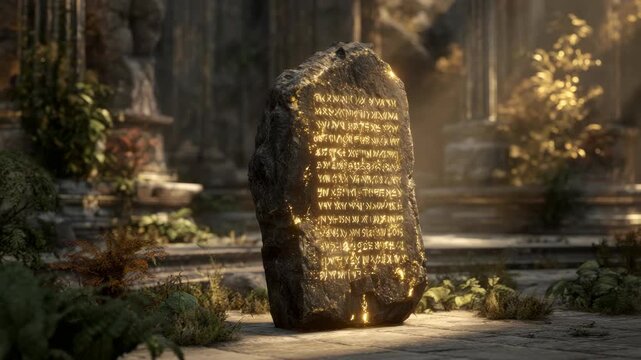 Ancient glowing rune stone in mystical ruins with enchanted symbols