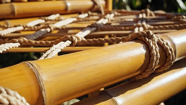 X-shaped lashings bind bamboo poles, clean knots aligned in symmetrical pattern.