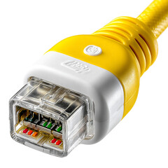 Bright yellow network cable connector with clear housing showing wiring